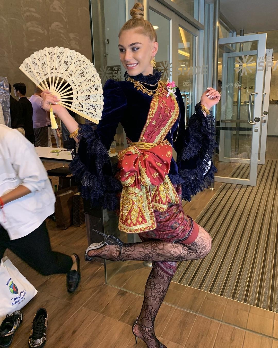 Trejsi Sejdini poses while in chong kraben Thai costume at the Winter Fair in Bangkok on Monday. Photo: MissTrejsiSejdini / Instagram