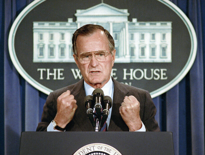 U.S. President George H.W. Bush holds a news conference on June 5, 1989, at the White House in Washington where he condemned the Chinese crackdown on pro-democracy demonstrators in Beijing's Tiananmen Square. Photo: Marcy Nighswander / Associated Press