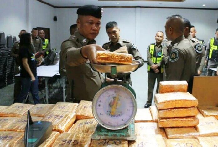 Khon Kaen police measure marijuana seized from suspected drug mules in May.