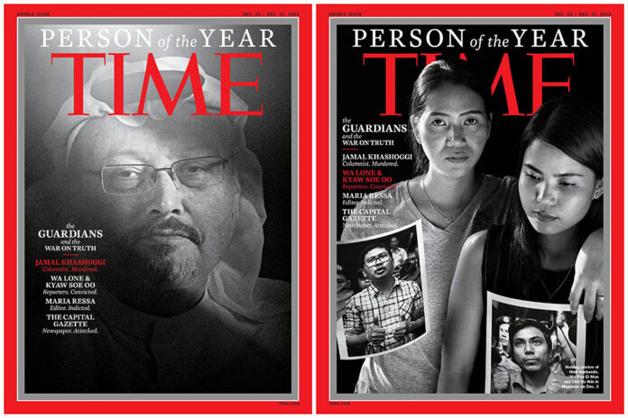 Saudi journalist Jamal Khashoggi, at left, and Reuters journalists Wa Lone, 32, and Kyaw Soe Oo, 28, were named TIME's Person of the Year for 2018 in two of four separate covers. Image: Time Magazine / Courtesy