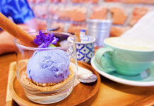 Thai Desserts Modern But Unpretentious at Ayutthaya Cafe Butterfly Pea Ice Cream with Thong Muan (95 baht) and Ayutthaya Charming Green tea (70 baht).