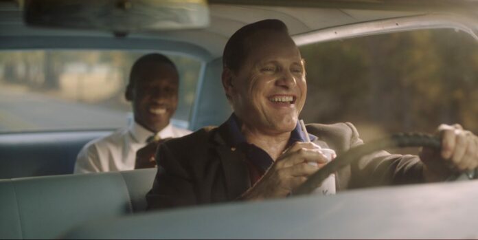 This image released by Universal Pictures shows Viggo Mortensen and Mahershala Ali in a scene from 'Green Book.' Photo: Universal Pictures via Associated Press