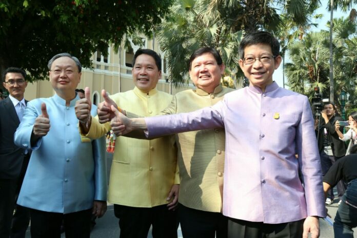 From left to right, Commerce Minister Sontirat Sontijirawong, Industry Minister Uttama Savanayana, Science and Technology Minister Suvit Maesincee, and Kobsak Pootrakool from the Prime Minister’s Office.