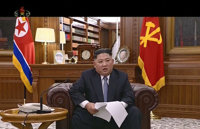 In this undated image from video distributed on Tuesday, Jan. 1, 2019, by North Korean broadcaster KRT, North Korean leader Kim Jong Un delivers a speech in North Korea. Photo: KRT via Associated Press