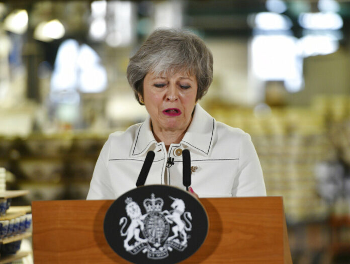 Britain's Prime Minister Theresa May delivers a speech Monday during a visit to the Portmeirion pottery factory in Stoke-on-Trent, England. Photo: Ben Birchall / Associated Press