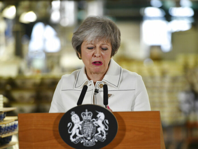 Britain's Prime Minister Theresa May delivers a speech Monday during a visit to the Portmeirion pottery factory in Stoke-on-Trent, England. Photo: Ben Birchall / Associated Press Britain's Prime Minister Theresa May delivers a speech Monday during a visit to the Portmeirion pottery factory in Stoke-on-Trent, England. Photo: Ben Birchall / Associated Press