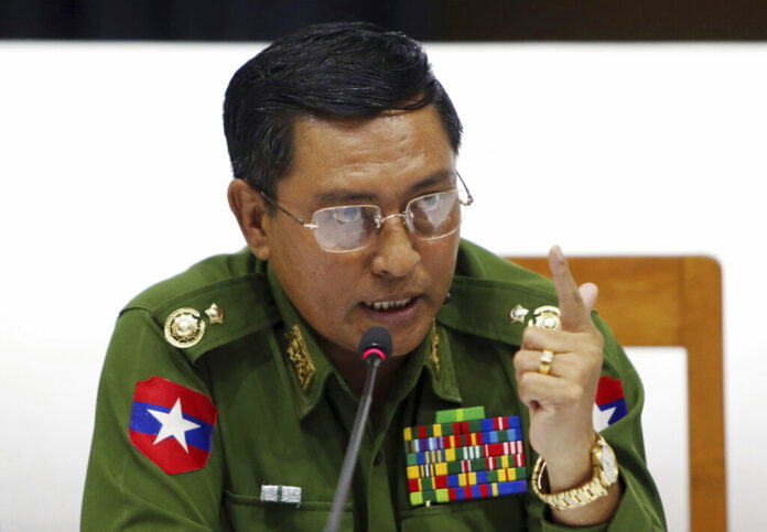 Maj. Gen. Soe Naing Oo, chairman of the Myanmar's military information committee, on Friday talks to journalists during a press conference at the Military Museum in Naypyitaw, Myanmar. Photo: Aung Shine Oo / Associated Press
