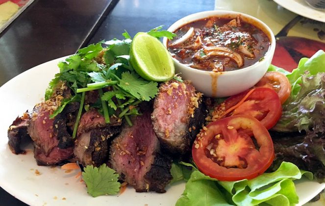Grilled kho-khun beef with jim-jaew Isaan sauce (399 baht).
