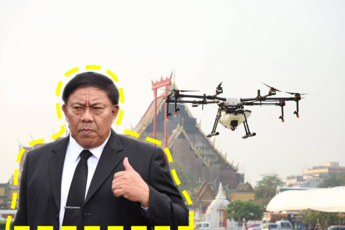 A drone flies Thursday morning near City Hall and the Grand Swing in Bangkok. Inset, Bangkok Gov. Aswin Kwanmuang in a Matichon photo.