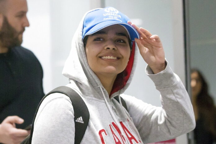Rahaf Mohammed Alqunun, 18, arrives Saturday at Toronto Pearson International Airport. Photo: Chris Young / The Canadian Press via AP