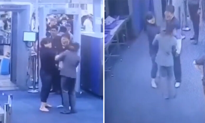 Images from security footage show a tourist assaulting an employee Saturday at Suvarnabhumi airport.