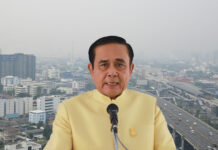 ‘Everyone Has to Help Out’ With Air Pollution, Prayuth Says Gen. Prayuth Chan-ocha speaks Tuesday in Lampang, juxtaposed over a background of Bangkok’s smog.