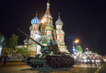 Laos Sends 30 WWII-Era Soviet Tanks to Russia A World War II-era Soviet T-34 tank makes its way through the Red Square with the St. Basil's Cathedral in background, in May 2018 during a rehearsal for the Victory Day military parade in Moscow. Photo: Alexander Zemlianichenko / Associated Press
