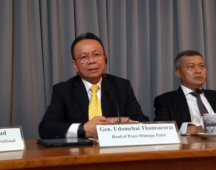 Thailand's chief negotiator Gen. Udomchai Thamsarorat speaks Friday at the Foreign Correspondents' Club of Thailand.