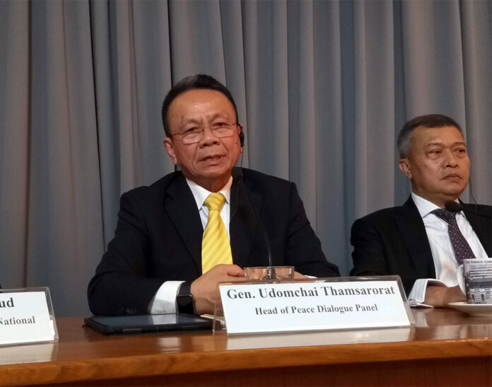 Thailand's chief negotiator Gen. Udomchai Thamsarorat speaks Friday at the Foreign Correspondents' Club of Thailand. Thailand's chief negotiator Gen. Udomchai Thamsarorat speaks Friday at the Foreign Correspondents' Club of Thailand.
