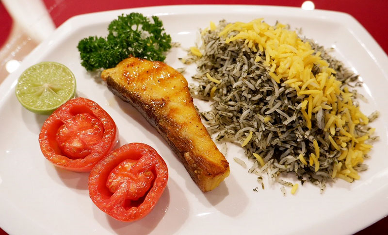 Sturgeon fillet with persian rice, or sabzi polo ba mahi sefid (450 baht).