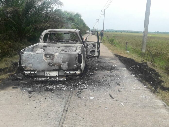 Burnt wreckage of a truck used to kidnap two local policemen is seen Wednesday in Narathiwat province. Burnt wreckage of a truck used to kidnap two local policemen is seen Wednesday in Narathiwat province.