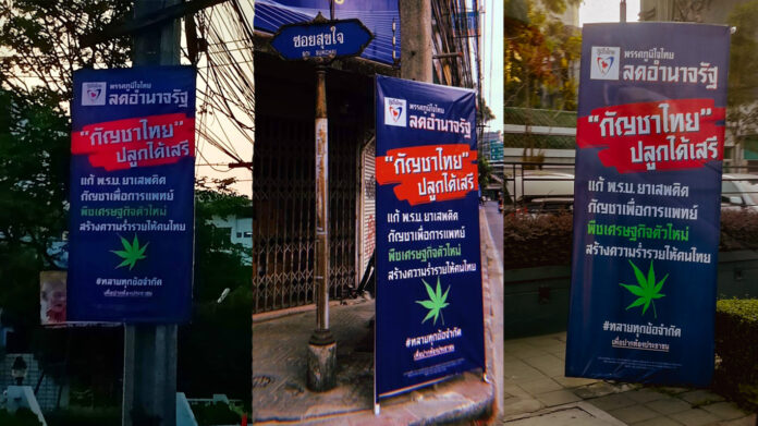 Cannabis is a campaign issue going into the March 24 election. These widely distributed Bhumjaithai Party posters promote it as a boon to Thai farmers. Photo: Bhumjaithai Party