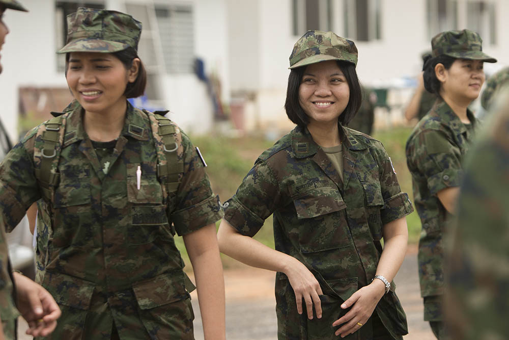 Members of the Royal Thai Army pose while observing the construction of a field hospital Tuesday in Chachoengsao province. Photo: Cpl. Breanna L. Weisenberger / U.S. Marine Corps