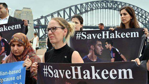 This undated photo shows demonstrators holding up banners calling for the release of Hakeem Al-Araibi. Photo: Wanmai Phanomvan / Facebook