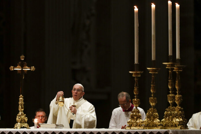 Pope Francis celebrates Mass with members of religious institutions Saturday on the occasion of the celebration of the XXIII world day of consecrated life in St. Peter's Basilica, at the Vatican. Photo: Gregorio Borgia / Associated Press