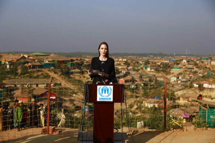 Hollywood actress Angelina Jolie addresses a press conference Tuesday at Kutupalong refugee camp in Cox's Bazar, Bangladesh. Photo: Associated Press