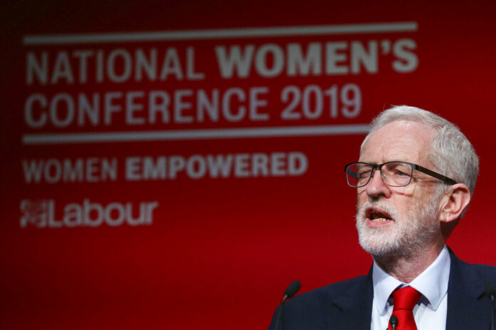 Britain's main opposition Labour Party leader Jeremy Corbyn gives a speech Saturday at the Labour Women's Conference in Telford, England. Photo: Aaron Chown / Associated Press