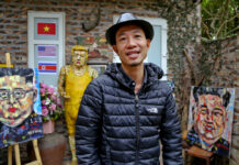Hanoi Postcard: Vietnam Artist Paints Trump Again and Again In this Feb. 25, 2019, photo, Tran Lam Binh poses for a photo with part of his creations in Hanoi, Vietnam. Photo: Tran Van Minh / Associated Press