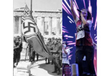 Opinion: Ignorance of Nazis, History a Bug or Feature of Thai Education? At left, invading German soldiers raise the Reichskriegsflagge on April 27, 1941, at the Acropolis in Athens, Greece. At right, Pichayapa “Namsai” Natha of BNK48 wears the same flag on stage in Bangkok in January 2019 in an image from True ID.