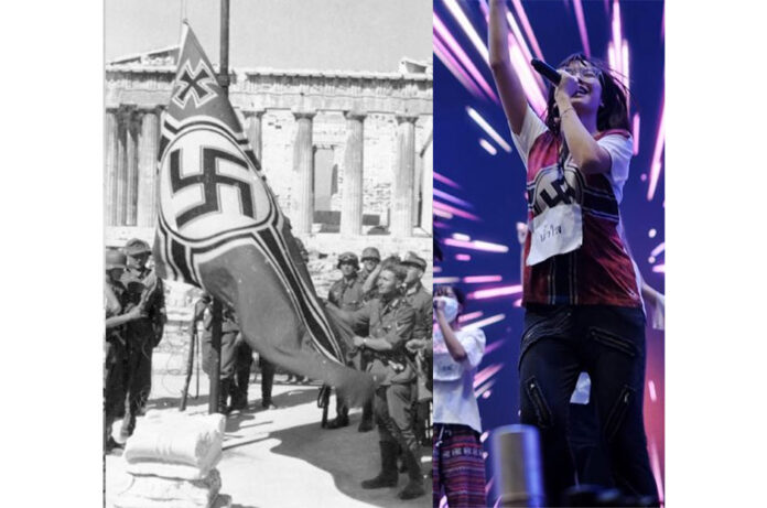 At left, invading German soldiers raise the Reichskriegsflagge on April 27, 1941, at the Acropolis in Athens, Greece. At right, Pichayapa “Namsai” Natha of BNK48 wears the same flag on stage in Bangkok in January 2019 in an image from True ID.