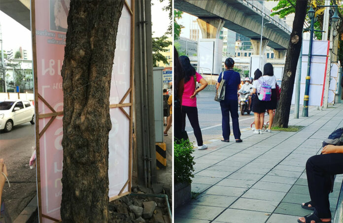 Photos of campaign posters in Bangkok posted to twitter by @PiyachatSangkh, at left, and @Oatasis.