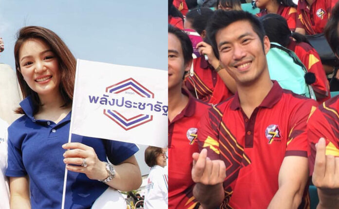 At left, Watanya Wongopasi of the pro-junta Palang Pracharat party. At right, arch junta critic Thanathorn Juangroonruangkit of the Future Forward Party.