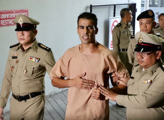 Hakeem Ali Mohamed Ali AlAraibi, shackled at his feet, arrives at a court in Bangkok on Feb. 4, 2018.