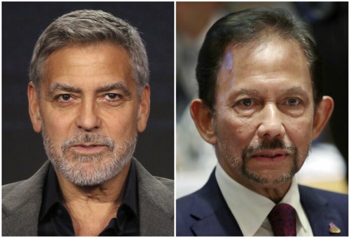 This combination of file photos shows George Clooney in Pasadena, Calif., on Feb. 11, 2019, left, and Brunei's Sultan Hassanal Bolkiah in Brussels on Oct. 18, 2018. Photo: Willy Sanjuan and Francisco Seco / Associated Press