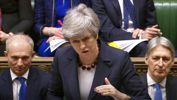 Britain Brexit In this grab taken from video, Britain's Prime Minister Theresa May speaks during Prime Minister's Questions in the House of Commons, London, Wednesday March 27, 2019. Photo: House of Commons/PA via AP