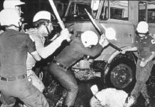 Prayuth, Pheu Thai Should Step Back, Avoid Bloodshed: Activists Authorities beat a protester in May 1992 in Bangkok. Photo: The Nation