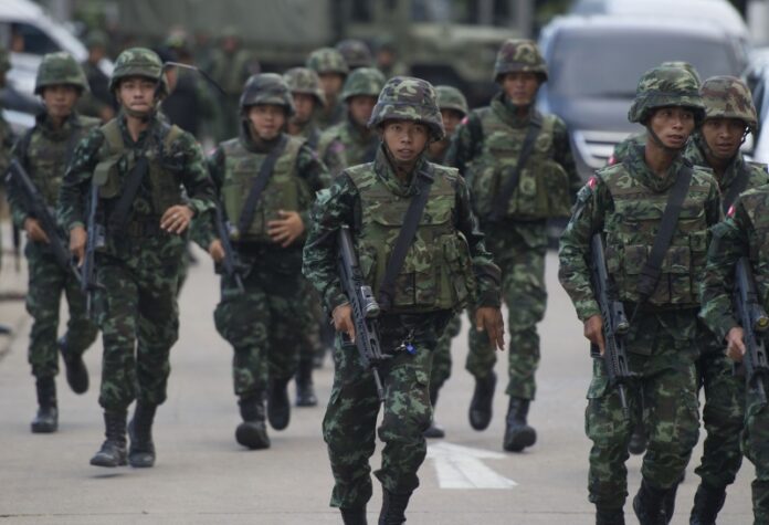 Soldiers are deployed on the streets of Bangkok during a coup on May 22, 2014.