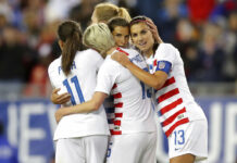 US Wraps Up SheBelieves Cup With 1-0 Win Over Brazil United States' Tobin Heath, second from right, is congratulated on her goal by Mallory Pugh (11), Megan Rapinoe and Alex Morgan (13) during the first half of a SheBelieves Cup soccer match against Brazil Tuesday, March 5, 2019, in Tampa, Florida. Photo: Mike Carlson / Associated Press