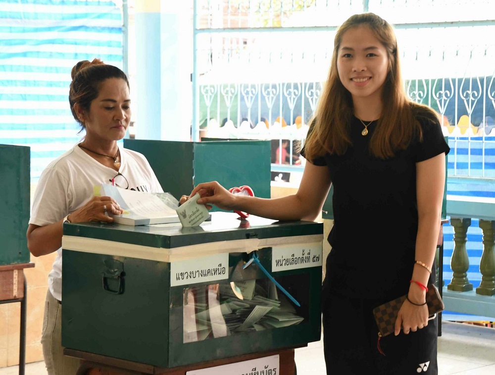 Ratchanok Intanon votes Sunday in Bangkok.