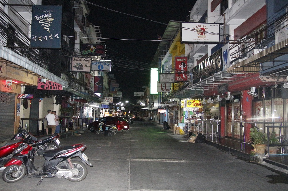 The red-light district in Pattaya was silent early Sunday morning as a booze ban was in effect.