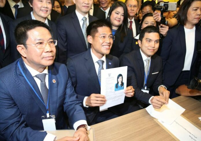 The moment Thai Raksa Chart Party leader Preechapol Pongpanich presented the nomination of Ubolratana Mahidol as prime minister to the Election Commission on Feb. 8, 2019 in Bangkok.