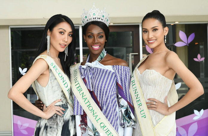From left, second runner-up Yaya Shi of China, Miss International Queen 2019 Jazell Barbie Royale and third-place finisher Kanwara “Esmon” Kaewjeen of Thailand.