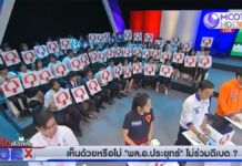 Host Pulled From MCOT Show After Televised Debate A panel of politicians and first-time voters express their positions on an issue Thursday at a debate hosted by Orawan Krimwiratkul of MCOT television. Image: MCOT