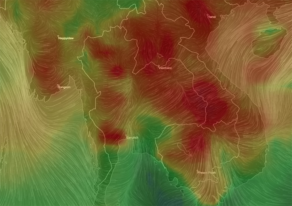 Darker red areas signify higher air pollution in a screenshot of a real-time map on Tuesday morning. Graphic: AirVisual