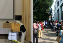 Thai Election Gets Messy Start Overseas, Voters Complain At left, Thais in Malaysia use cardboard boxes to vote Saturday in Kuala Lumpur. Photo: Muhammad Sasu / Facebook. At right, long lines outside the embassy on the same day.