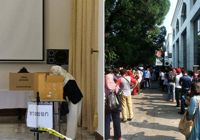 At left, Thais in Malaysia use cardboard boxes to vote Saturday in Kuala Lumpur. Photo: Muhammad Sasu / Facebook. At right, long lines outside the embassy on the same day.