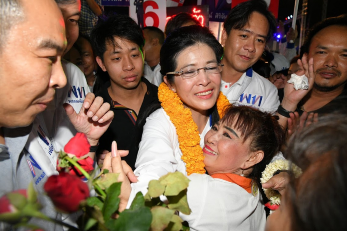 Pheu Thai PM candidate Sudarat Keyuraphan is greeted by supporters at a Feb. 15 rally at Bangkok's City Hall.