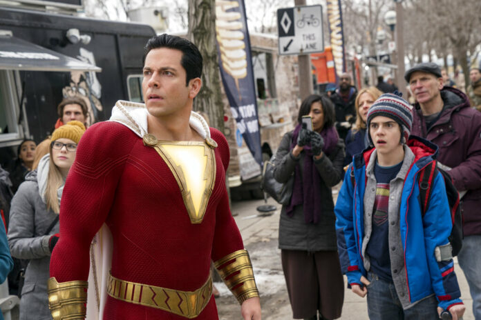 This image released by Warner Bros. shows Zachary Levi, left, and Jack Dylan Grazer in a scene from 