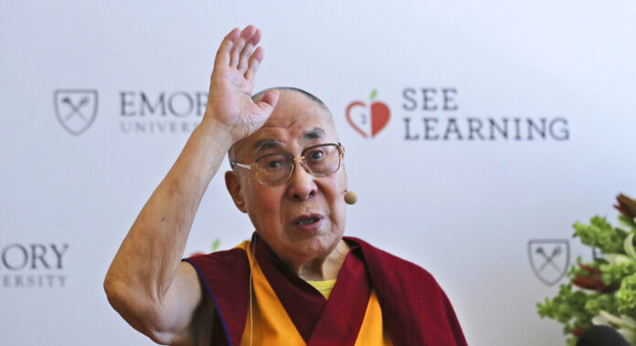 In this April 4, 2019, file photo, Tibetan spiritual leader the Dalai Lama speaks during a press conference after talking to an audience of educators, in New Delhi, India. Photo: Manish Swarup / Associated Press
