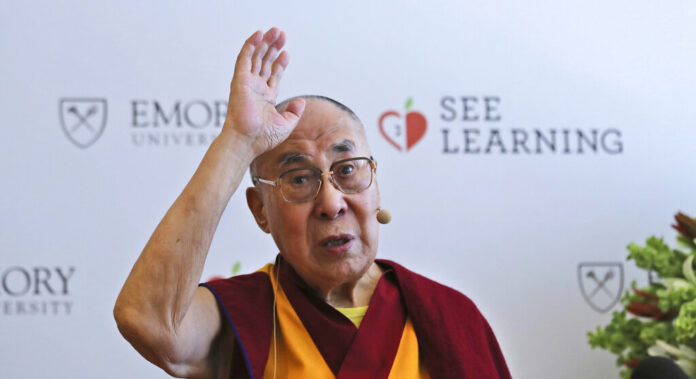 the Dalai Lama In this April 4, 2019, file photo, Tibetan spiritual leader the Dalai Lama speaks during a press conference after talking to an audience of educators, in New Delhi, India. Photo: Manish Swarup / Associated Press